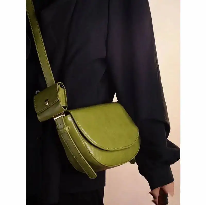 Bloom Vintage Green Shoulder Women High Street Leather Casual Saddle Bag Handbag Female Retro Solid Crossbody Bags Ladies