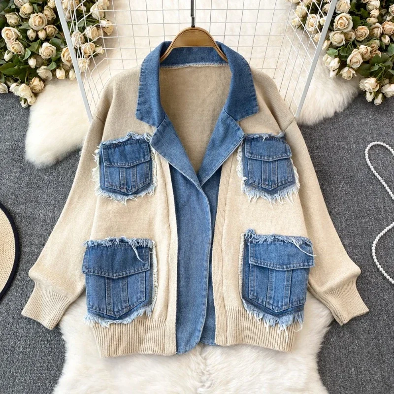 Fashion Lazy Style Cardigan Denim Patchwork Pockets Raw Edge Notched Collar Sweaters All Match Vintage Loose Women Clothing 2024