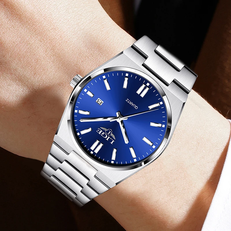 New 2024 LIGE classic simple men's watch quartz stainless steel strap ultra-thin casual waterproof watch men's gift reloj+box