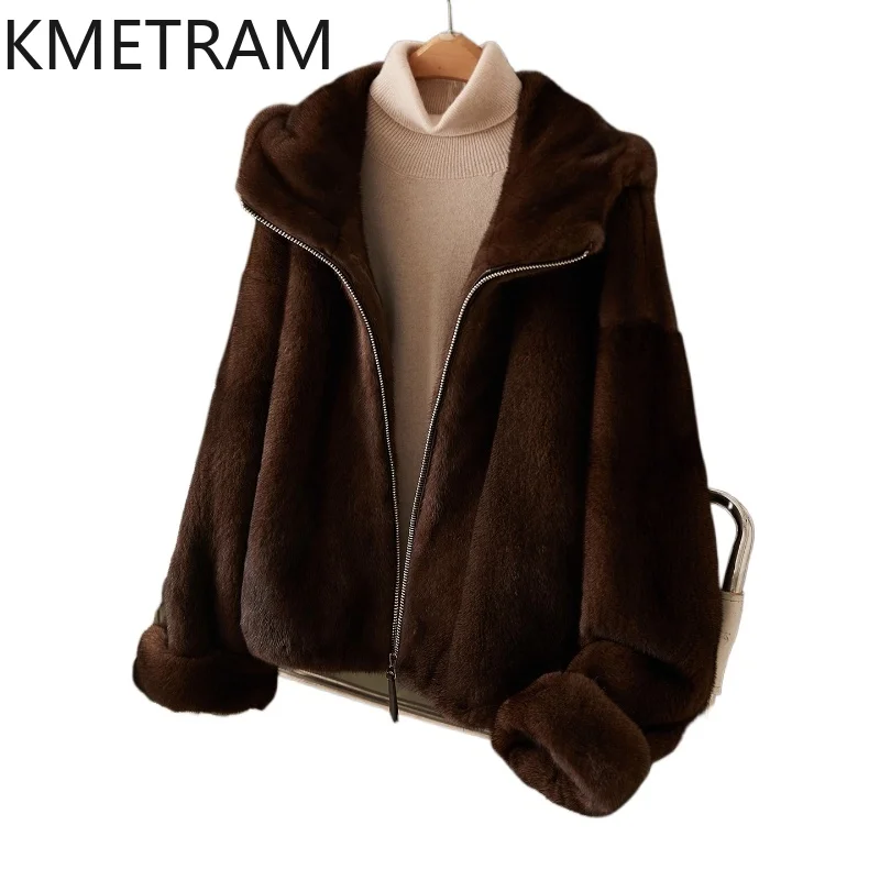 معطف فرو المنك الطبيعي بالكامل 100% من KMETRAM جاكيت نسائي قصير من الفرو الحقيقي مع غطاء محرك السيارة ملابس شتوية عالية الجودة 2025 schuba femenarska