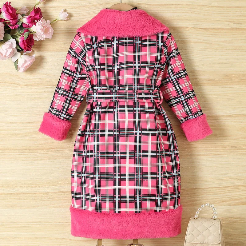 Autumn and Winter Christmas New Year fashion furry collar patchwork plaid coat for children with belt