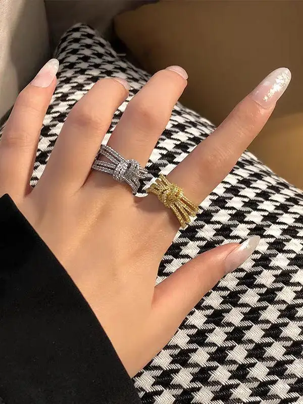  Multi-Layer Wide Version Rope Knot Diamond Ring for Women Open Finger Ring Fashionable Jewelry Accessory