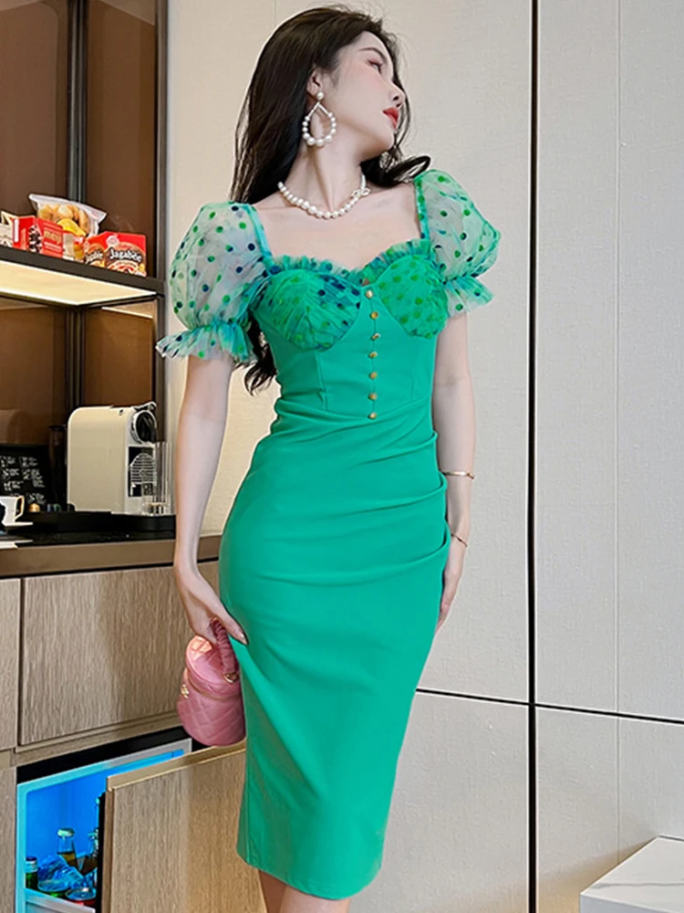 Zomer Jurken Voor Vrouwen 2023 Zoete Elegante Sexy Green Sheer Mesh Spliced Bubble Mouw Bodycone Slit Robe Party Banket Vestido