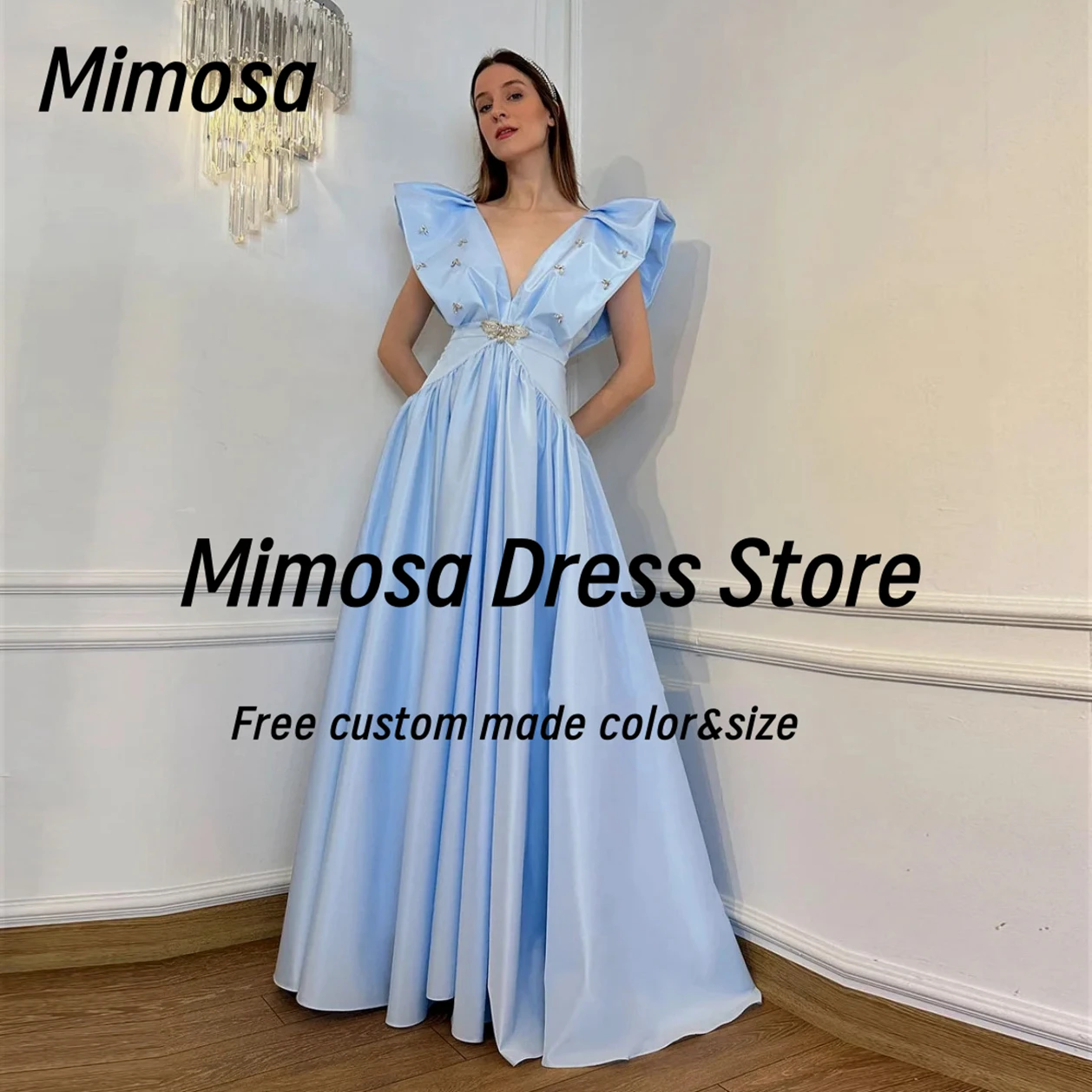

Mimosa Sexy V Neck Prom Dresses Crystals Sash Wedding Party Dress Long Ruched A Line Formal Evening Gowns Customized