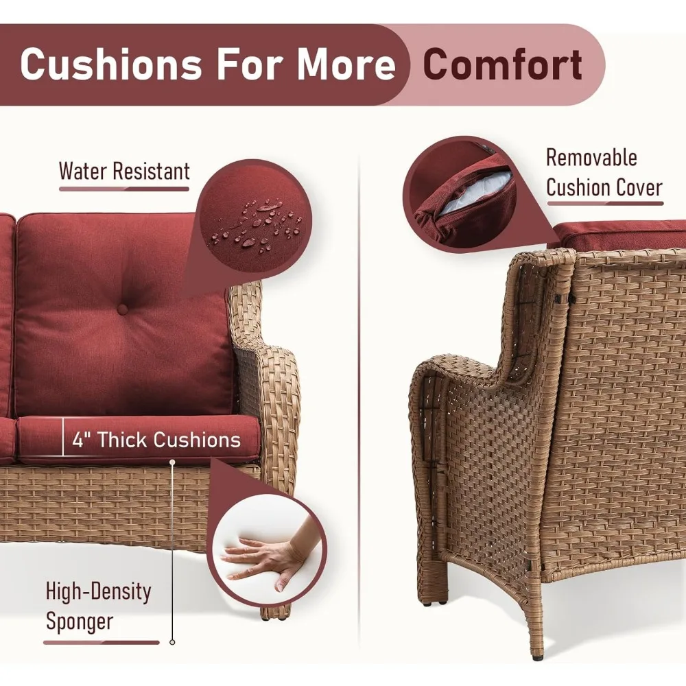 5 pieces all-weather brown pe rattan wicker sofa set outdoor patio sectional furniture set half-moon sofa set with tempered gla