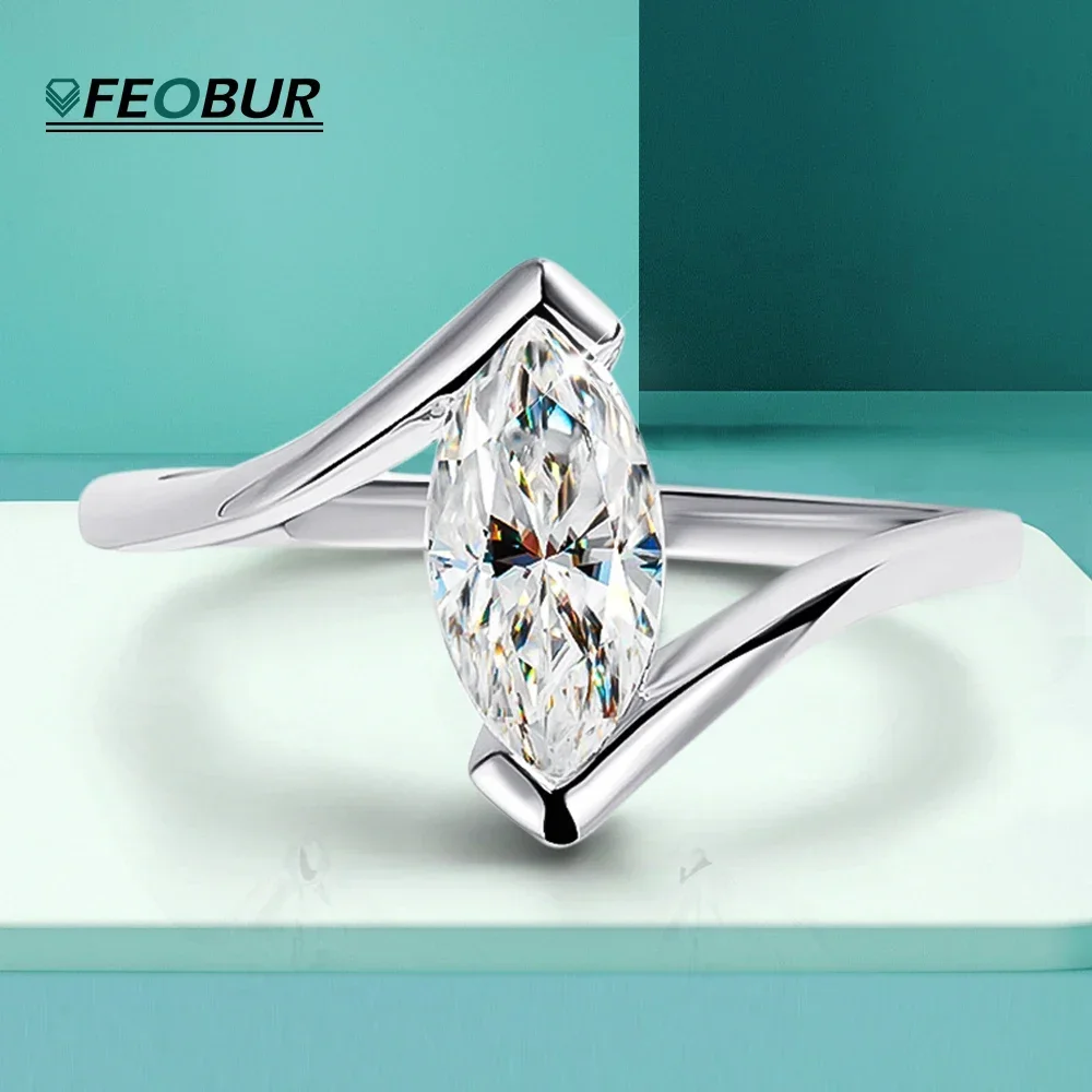 

FEOBUR 18K Plated 1ct Marquise Moissanite Solitaire Ring for Women 925 Sterling Silver Diamond Wedding Band with GRA Certificate