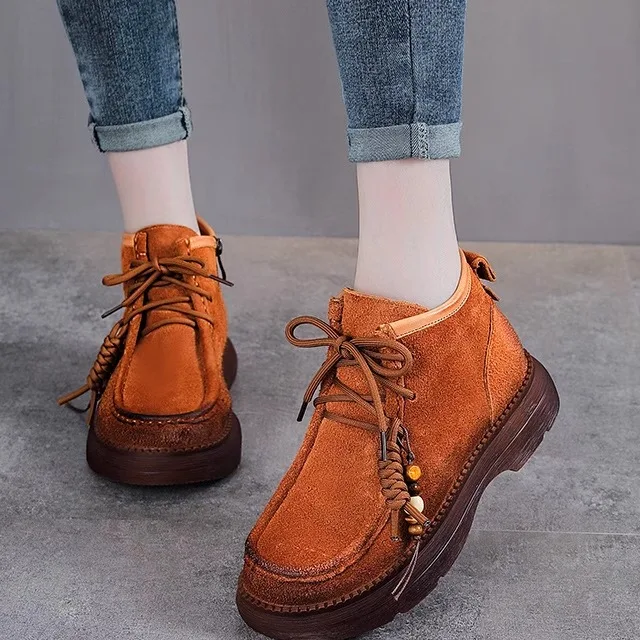 

Vintage Style Top Layer Cowhide Boots Thick Bottom High Top Short Boots Female Shoes Comfortable Rubber Sole