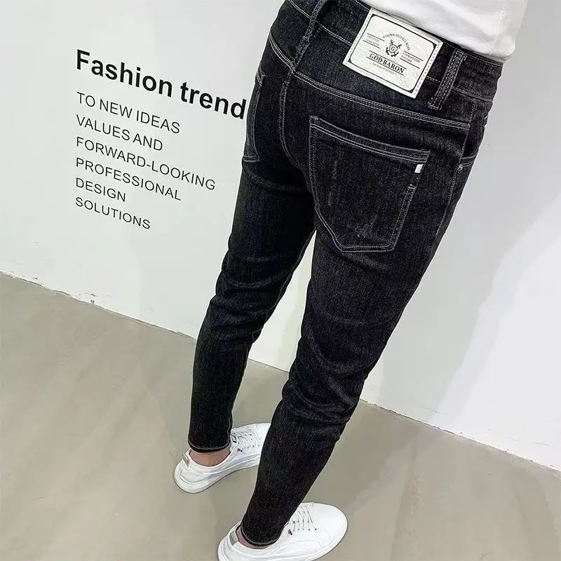 

New Korean Style Slim Fit Black Jeans for Men with Embroidery Design Denim Pants for Casual and Luxury Clothing Stretch Trousers