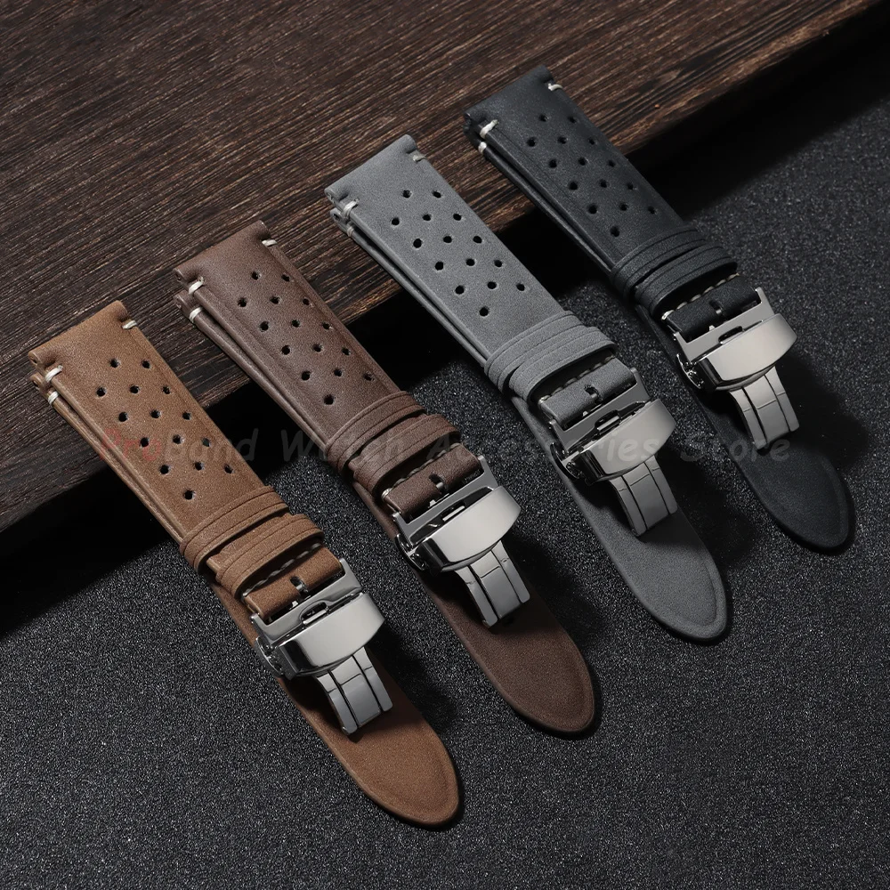 Breathable Porous Matte Leather Watch Band Quick Release 18mm 20mm 22mm Vintage Racing Leather Watch Straps for Seiko Wristband