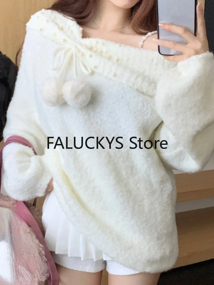 Autumn Winter Korean Women Knitted Sweaters Off Shoulder Pearl Long Sleeves Sweet Pullovers Female Fashion Lazy Style Knitwear