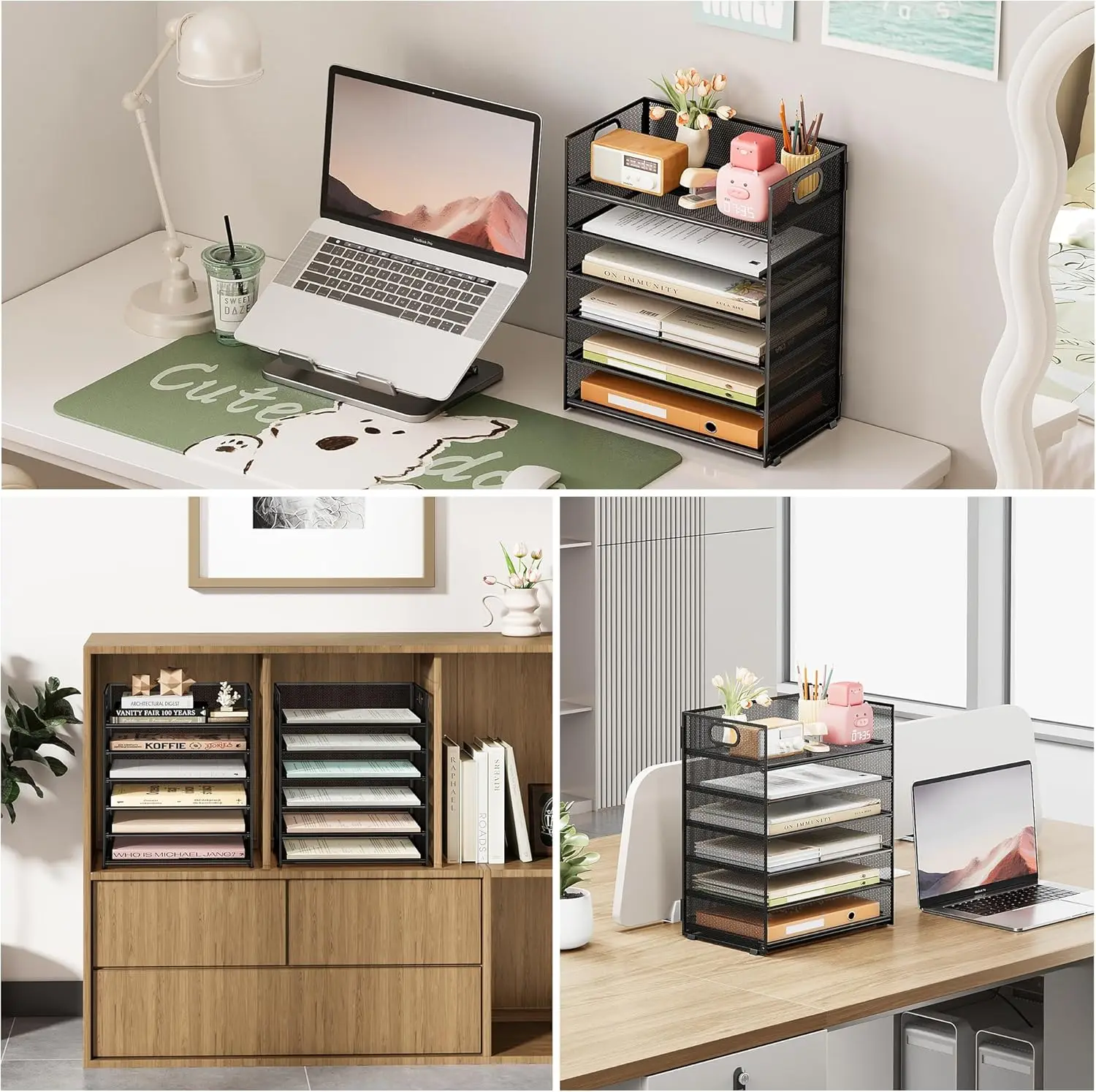 6-Tier Mesh Paper File Tray Organizer for Desk, Stackable Letter Tray with Handle, Black Office Supplies Storage view 4