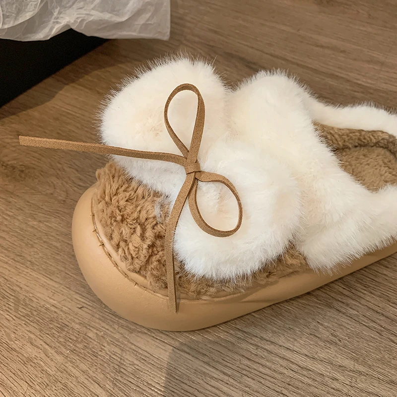 Bow Fur Slippers Women Snow Boots Flats Platform Home Cotton Shoes 2024 Winter New Plush Warm Slides Furry Mules Zapatos Mujer