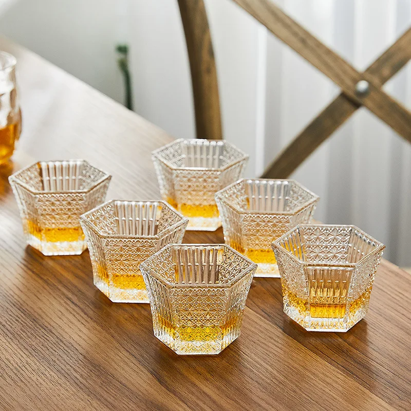 1 Piece 75ml Heat Resistant Tea Cup Elegant Engraving Hexagonal Crystal Bright Shot Glass Small Capacity Sake Soju Glass Cup