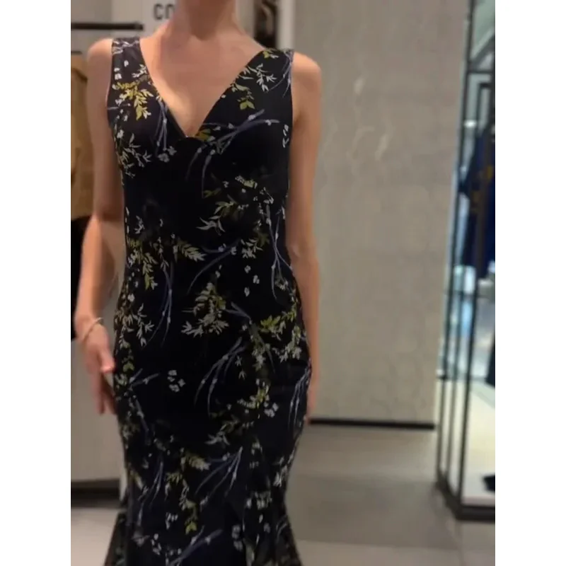 Vestido feminino vintage com suspensório para férias, estampa floral, malha, decote em v, halter, maxi vestido, novo verão, praia, festa