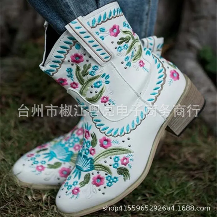 Flower Embriodery Cow Boy Boots for Women Ankle Shoes Thick Heel Short Boots 2021 Spring New Female West Boots456