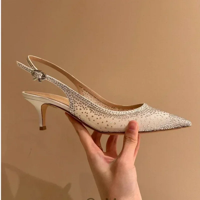 مثير Slingback شبكة الراين تصميم النساء الكعوب الصنادل الكاحل Stapes أشار تو فارغة الظهر عالية الكعب فستان الحواف الأحذية