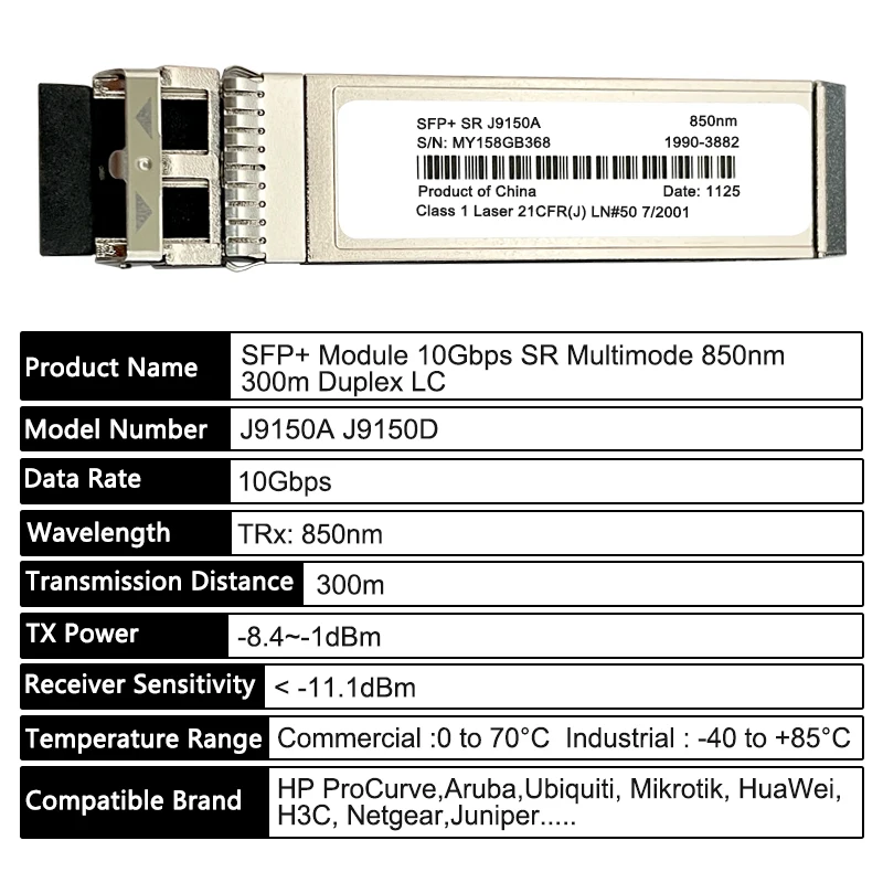 Módulo transceptor de fibra óptica para HP J9150A/J9150D SFP, 10Gb, 10Gbase-SR, multimodo, 850nm, dúplex, LC, 300m, SFP +, interruptor de turbo