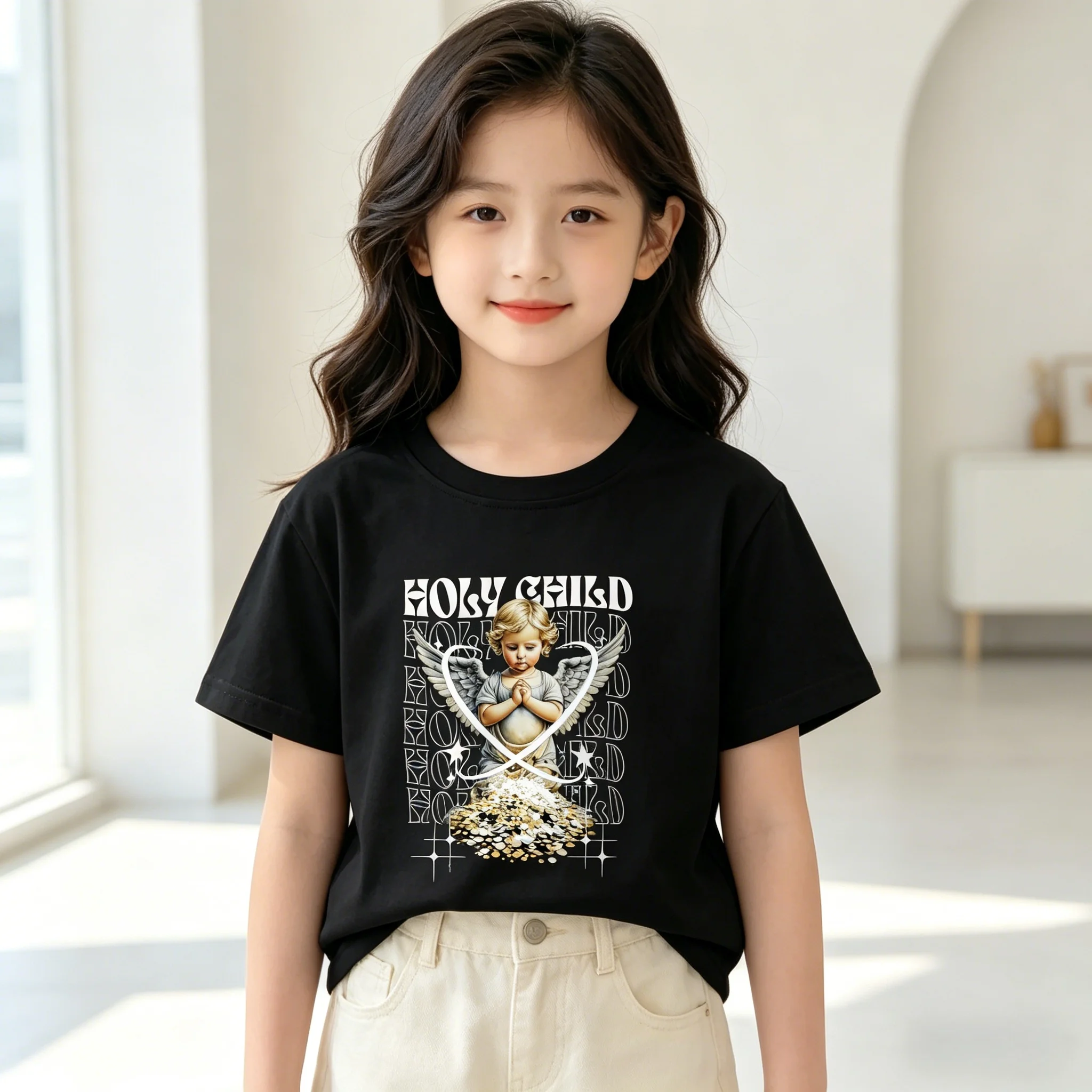 Cute Holy Child Print Kids Casual Short Sleeve T-Shirt Cotton Soft Breathable Machine Washable for Outdoor Sports Daily Play