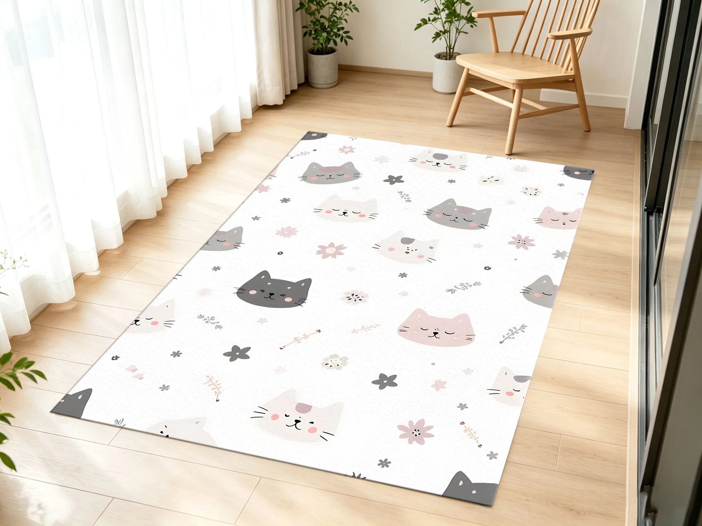 Cartoon Cat Floral Velvet Rug, Cute Soothing Decor for Children's Room, Bedroom, Bedside & Living Room