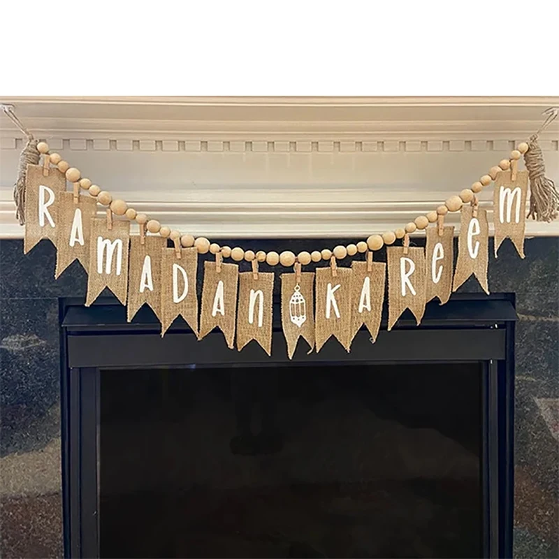 Ramadán Kareem cuentas de madera guirnalda banner Boho musulmán islámico Eid Mubarak rústico hogar pared Mantel chimenea decoración signo regalo