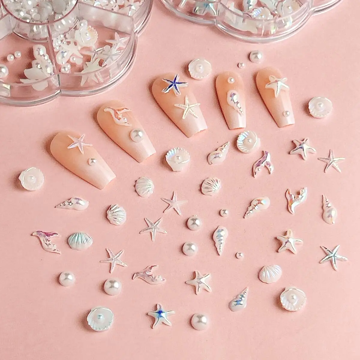 1Box Glossy Gradient Shell Starfish Resin Nail Art Decorations 3D Creative Simulatd Conch Fishtail Nail Charms DIY Nails Crafts