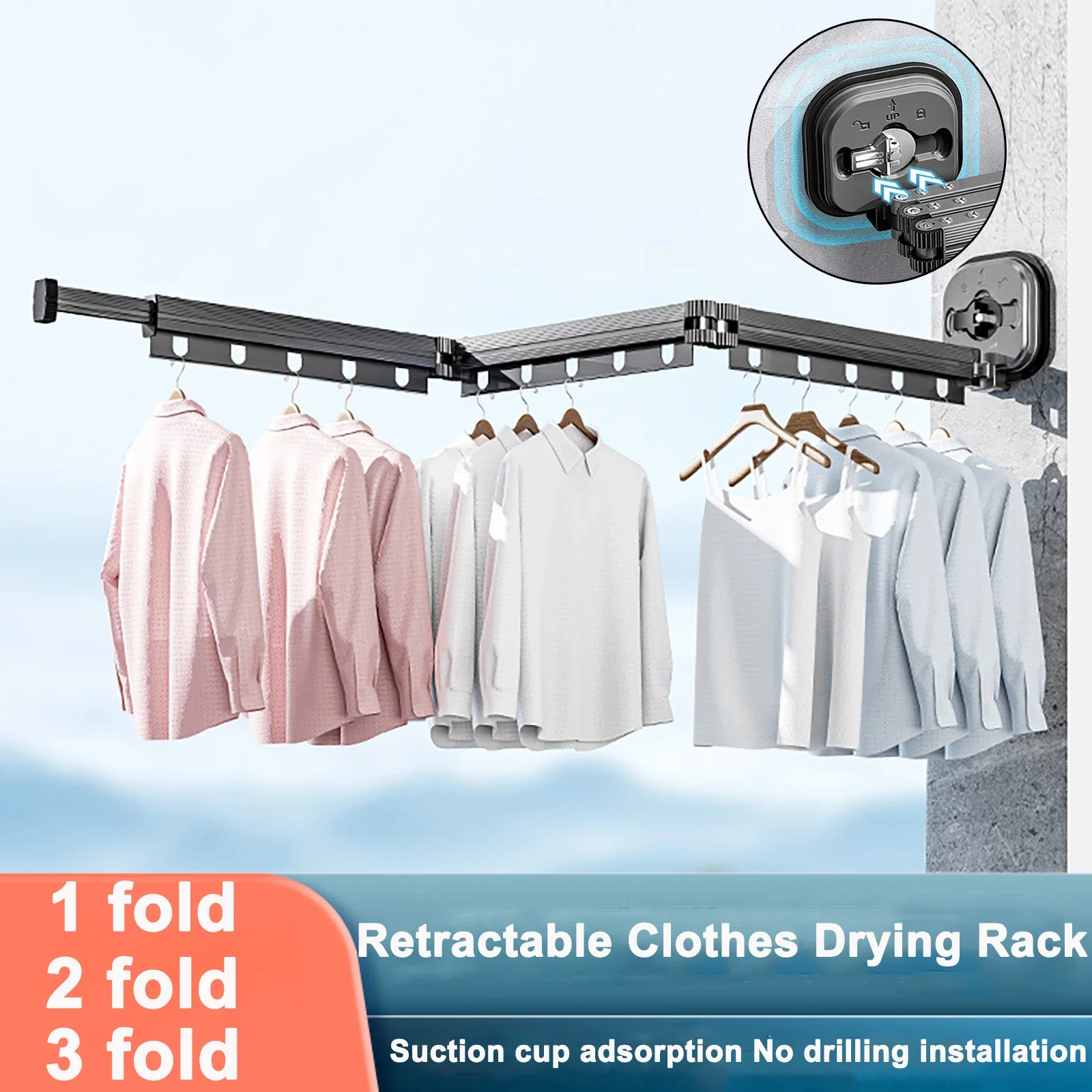 

Folding Clothes Drying Rack Suction Cup Wall Hanging Clothes Drying Rack Indoor Home Balcony Retractable Clothes Drying Rod