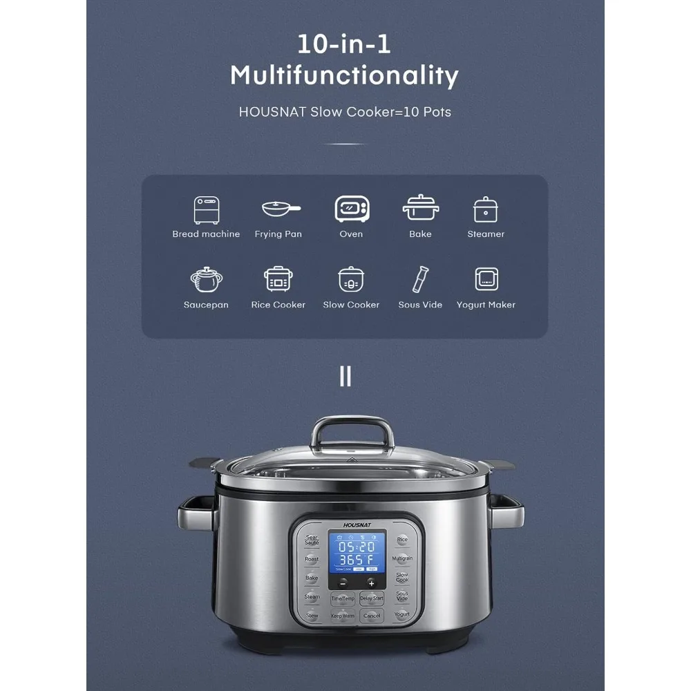 10 in 1 Programmable Cooker, 6Qt Stainless Steel, Rice Cooker, Yogurt Maker, Delay Start, Steaming Rack and Glass Lid