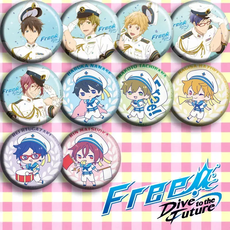 58MM Tinplate Uniform Glossy Nanase Haruka Brooches Rin Matsuoka Lightweight Fashion Jewelry Sky Blue Background Accessories Toy