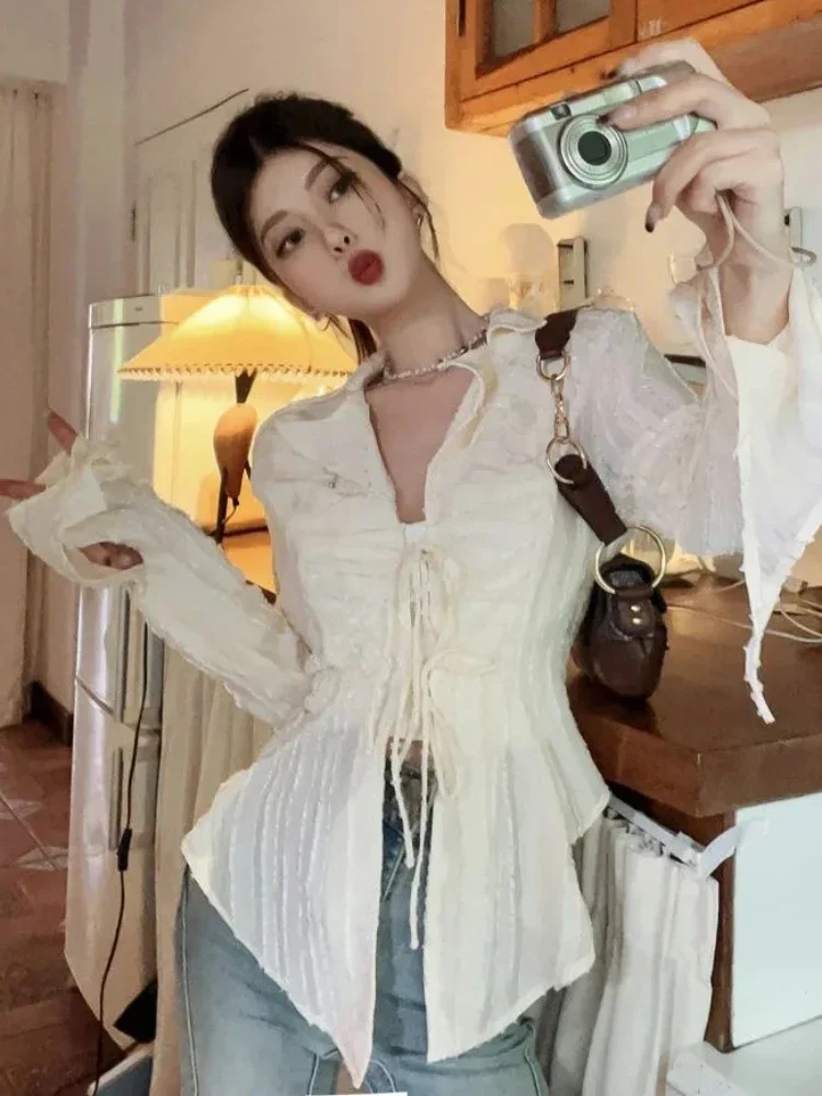 Koszule damskie koreańskie moda eleganckie lato słodki styl główna ulica szczupła wakacje Hotsweet sznurowane czysta nieregularna konstrukcja Blusas