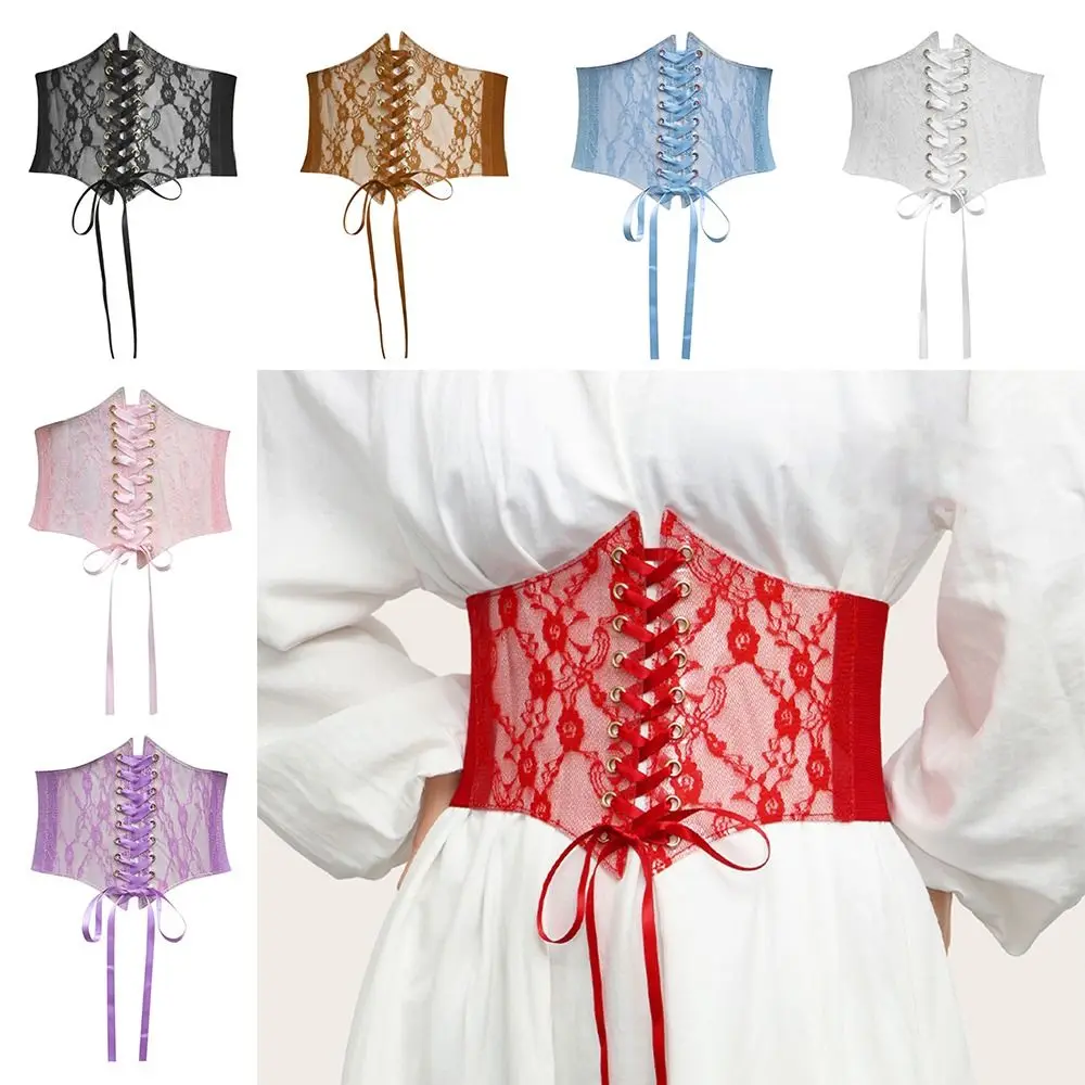 Wide Lace Corset Waist Belt Flower Embroidery Stretchy Waistband Strap PU Leather DIY Body Shapewear