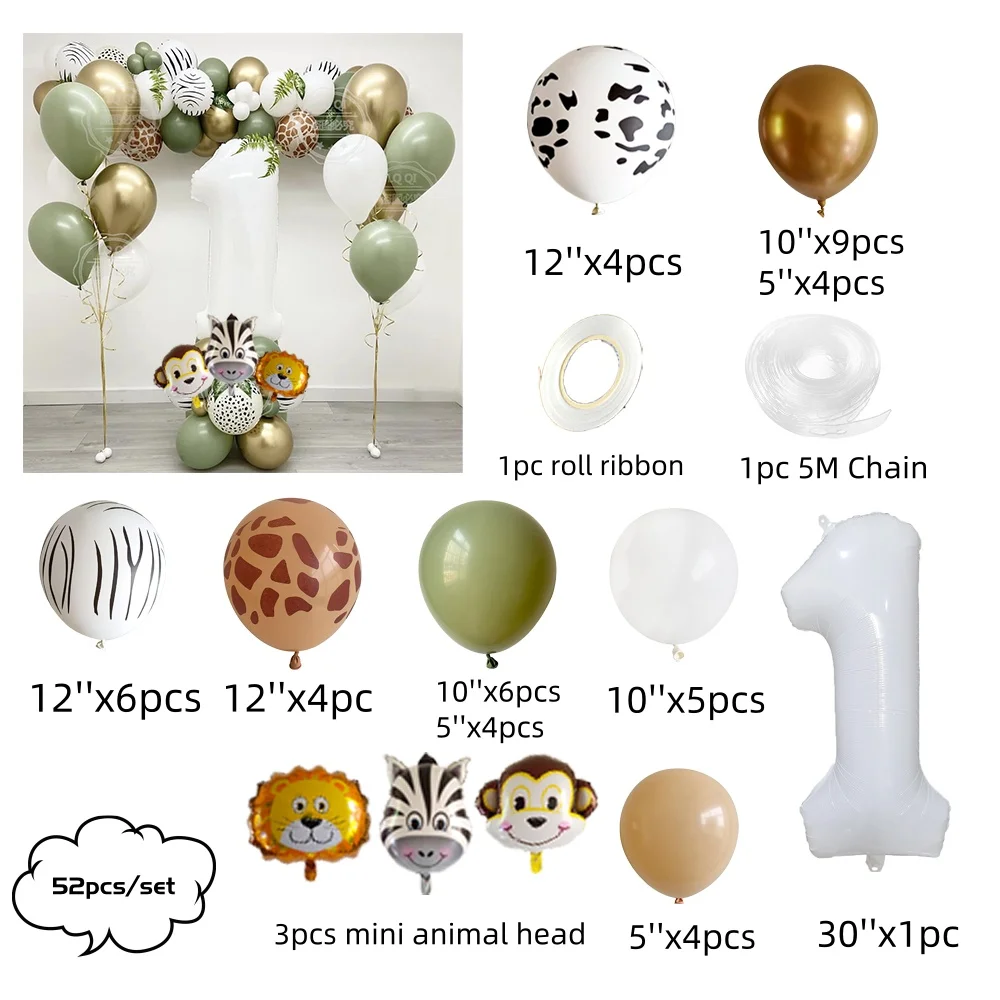 21/52pcs Jungle Animal Number Balloon Set Retro Avocado Green Metallic Gold Latex Balloon 1 Year Old Birthday Baby Shower Decora