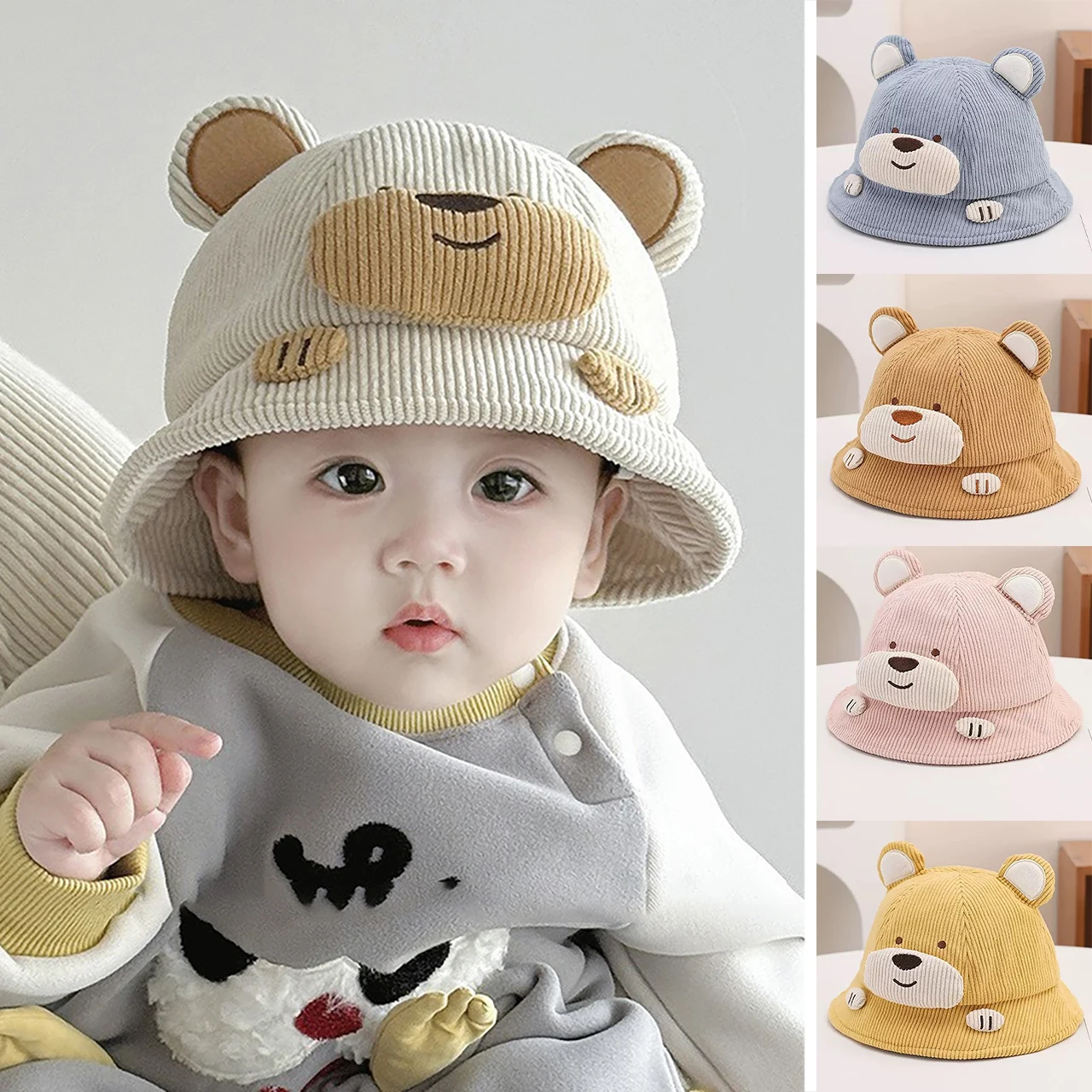 

Осенне-зимняя вельветовая рыбацкая шляпа с милым медведем, детские панамы для детей 0-6 месяцев, детская купольная кепка для бассейна, уличный солнцезащитный козырек для младенцев