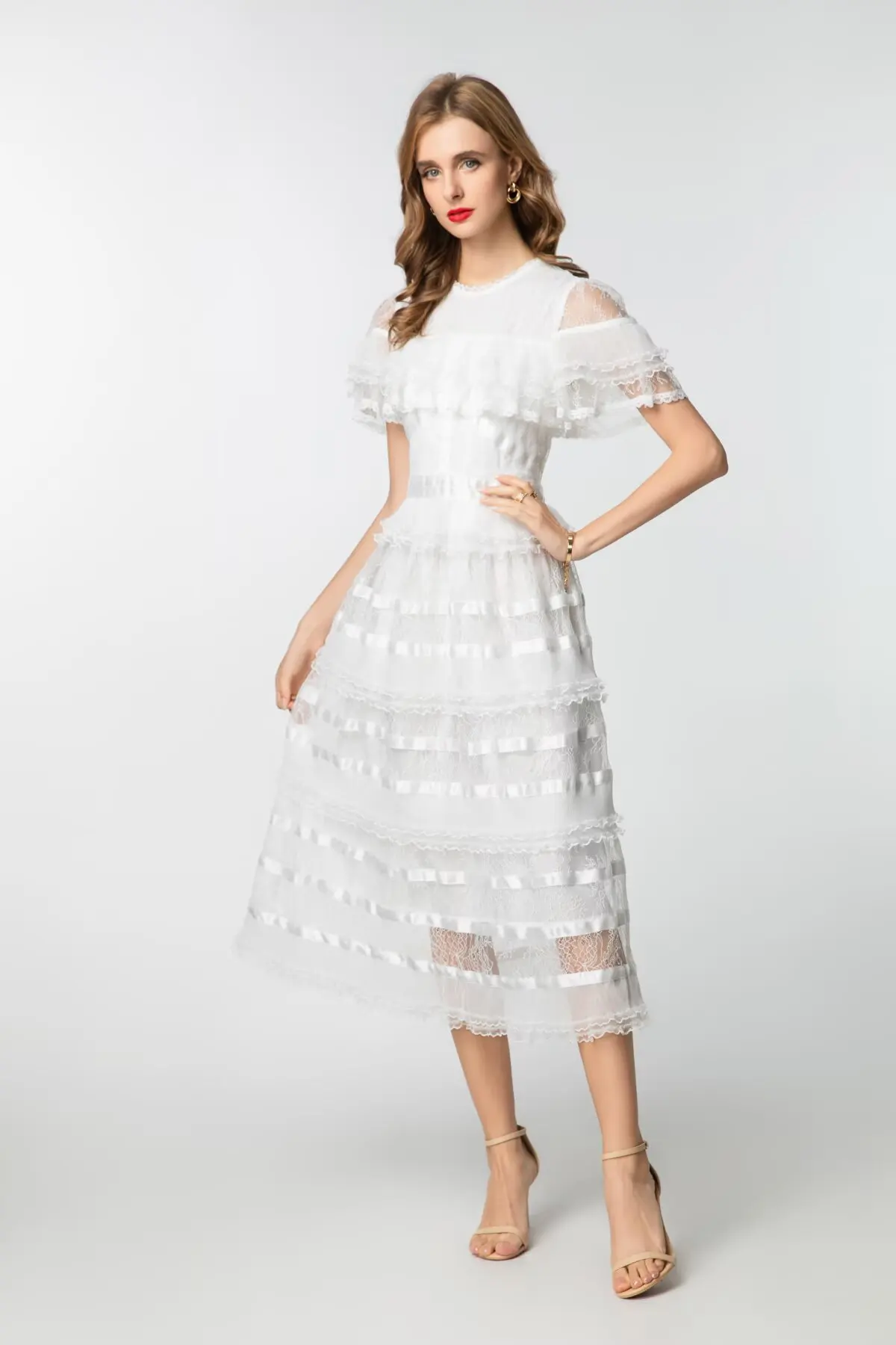 Vestidos femininos o pescoço mangas curtas sexy fora do ombro em camadas rendas elegante designer vestidos