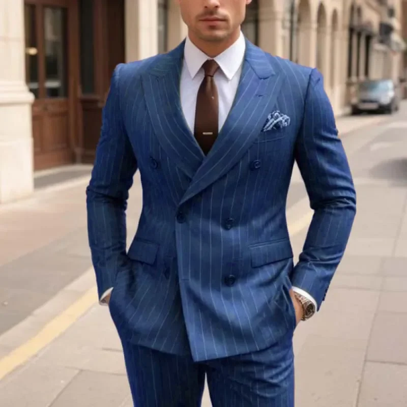 Fashion Double Breasted Peak Lapel Blazer Brown Stripe Regular Length Men\'s Suits Custom Wedding 2 Piece Jacket Pants Outfits