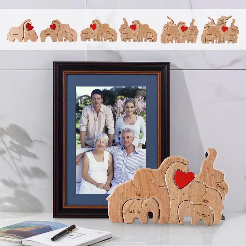 Wooden Elephant Family Statue DIY Your Family Name Art Crafts Desktop Ornament Wood Family Heart Wedding Christmas Gift 2024