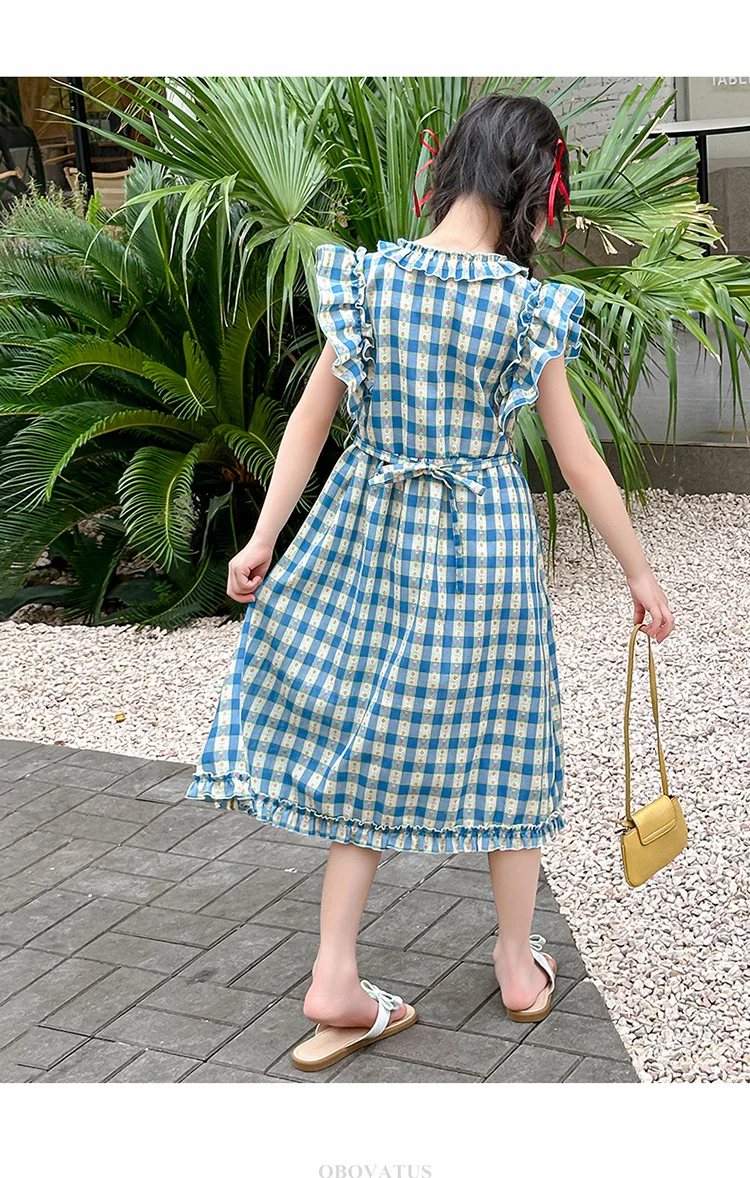 Preppy-Stil Kinder Babyblau Kariertes Kleid mit Blütenärmeln für Mädchen A-Linien-Schulkleider für Teenager Neue Sommerkleidung – Detail 14
