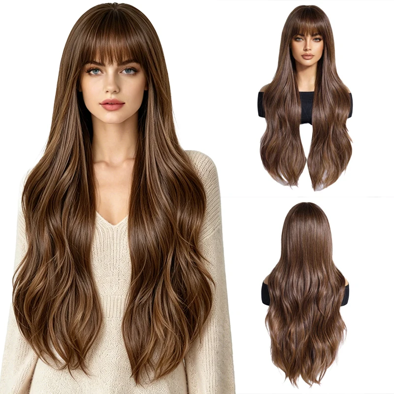

28 Inch Long Wavy Brown Wig with Bangs Soft Fluffy Heat Resistant Synthetic Wig For Women Daily Party Cosplay Halloween Use