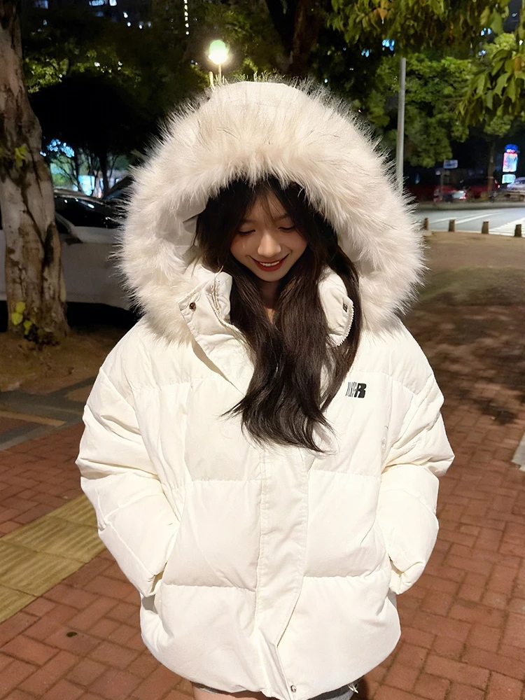 معطف أبيض بياقة من الفرو قابل للفصل بغطاء للرأس من القطن Jaet للسيدات شتوي كوري فضفاض معطف قطني للخبز الدافئ #4