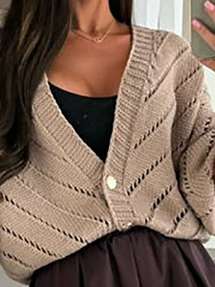 

Casual Loose One Button Commute Sweater Coat Autumn New Solid Color Jumpers Vintage V-neck Long Sleeve Hollow Out Knit Cardigans