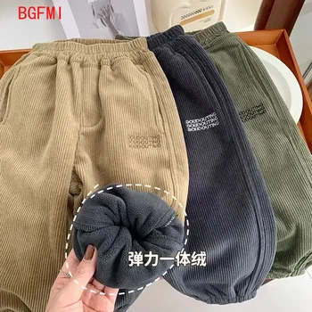 2-10Y Boys' One-piece Velvet Pants for Winter Warmth Leg Binding Pants Children's Corduroy Elastic Soft and Thick Casual Pants