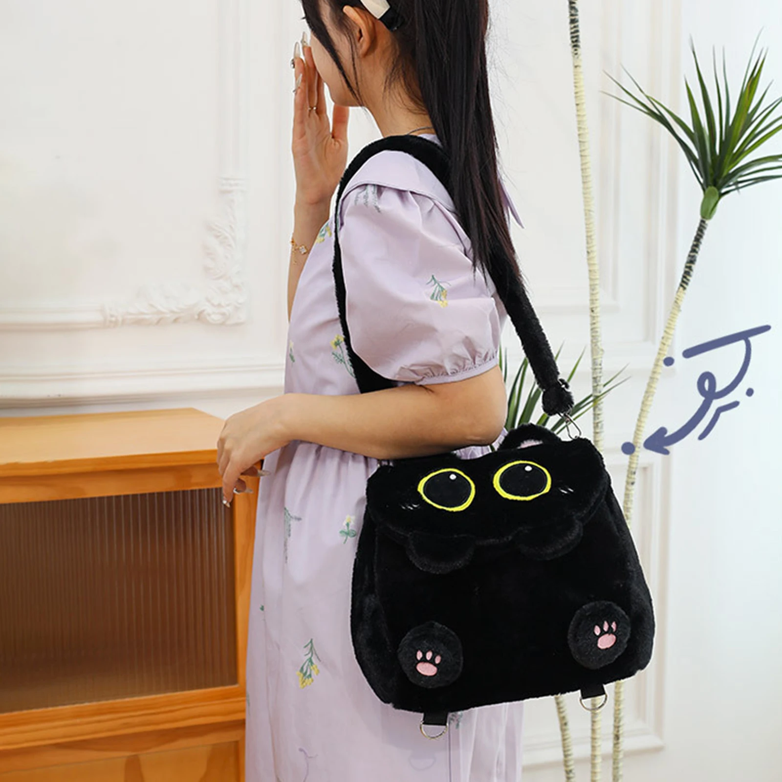 Mochila de Pelúcia Gato Preto para Meninas, Design de Gatinho Fofo, Grande Capacidade, Leve, para Estudantes, Viagens e Uso Diário