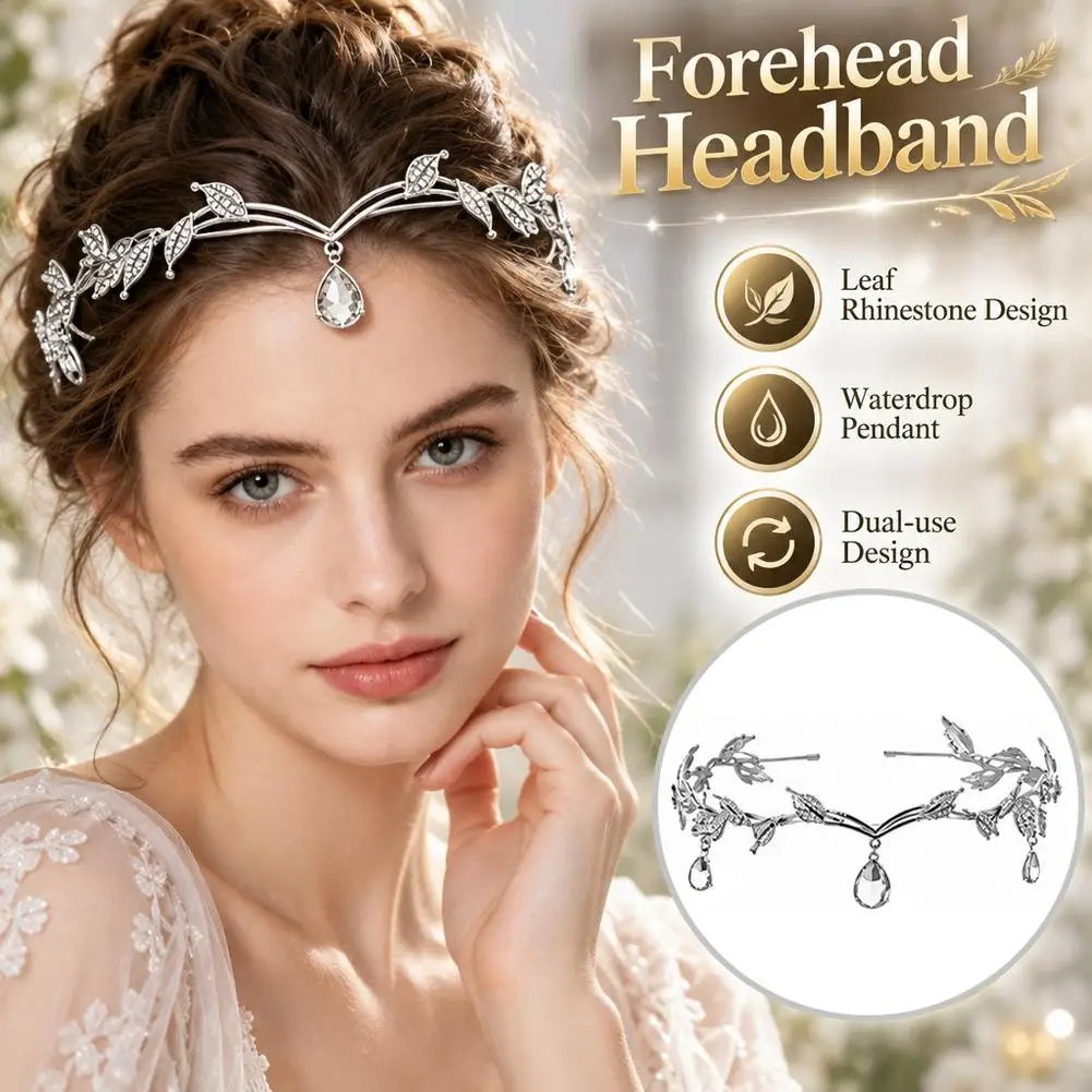 Cerchietto per capelli a forma di goccia d'acqua con foglie di bosco e corona, fasce per capelli con strass, ornamento da sposa, accessorio per capelli da principessa super eterea