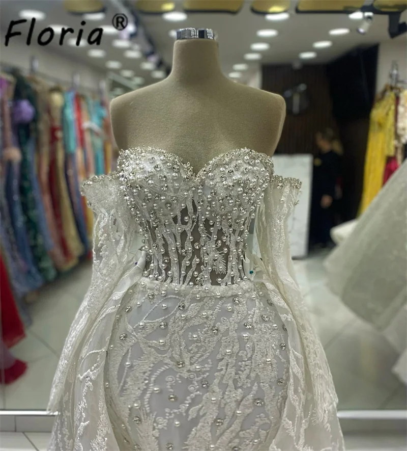 Vestidos de novia largos de encaje blanco para mujer, falda desmontable de dos piezas, vestido de fiesta de noche, perlas de Dubai, vestidos de graduación largos