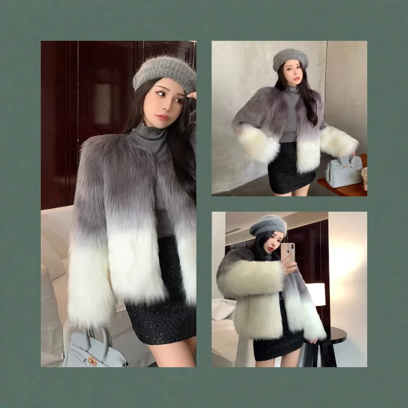 

НОВАЯ роскошная женская куртка с лисьим мехом Ele с градиентом, зимняя пушистая теплая свободная короткая куртка, 2025 г., модное повседневное пальто в корейском стиле
