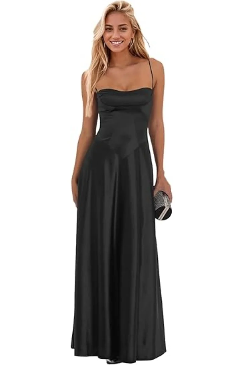 

Satin Long Prom Dresses A Line Spaghetti Straps Formal Evening Birdesmaid Dress for Women