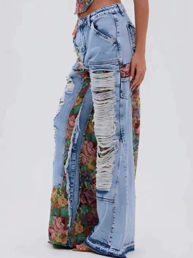 Vrouwen hoge taille wijde pijpen broek gat rechte broek lange jeans casual trendy broek 2025, herfst winter nieuwe denim broek