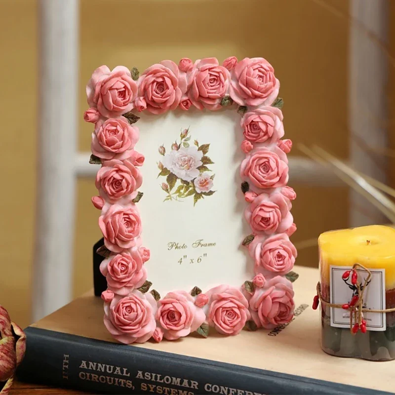 Pink Rose Flowers Resin Photo Frame 4x6 Inches Rectangle For Home Tabletop Decorations Or Valentine's Day Gift