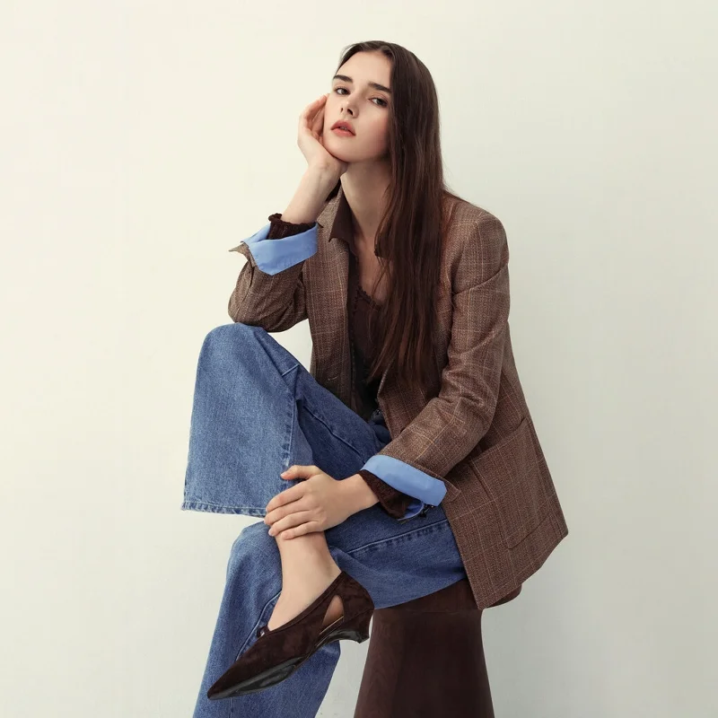 

Повседневный женский шерстяной клетчатый костюм Jaet Stand Fit для отдыха, модная осенняя коллекция 2025