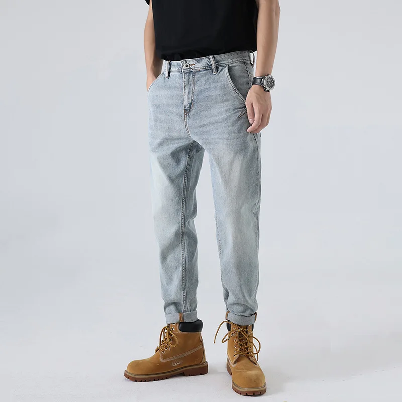 High quality long straight jeans for men big size stretch fabric stone denim casual trousers new 2024 clothing - light blue