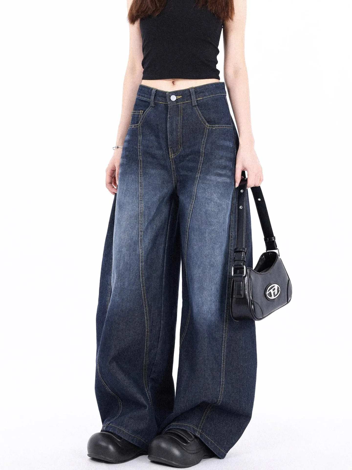 American Sle Vintage Waed Knife Denim Jeans Women's Spring Autumn Loose Wide Leg Banana Pants Floor Length